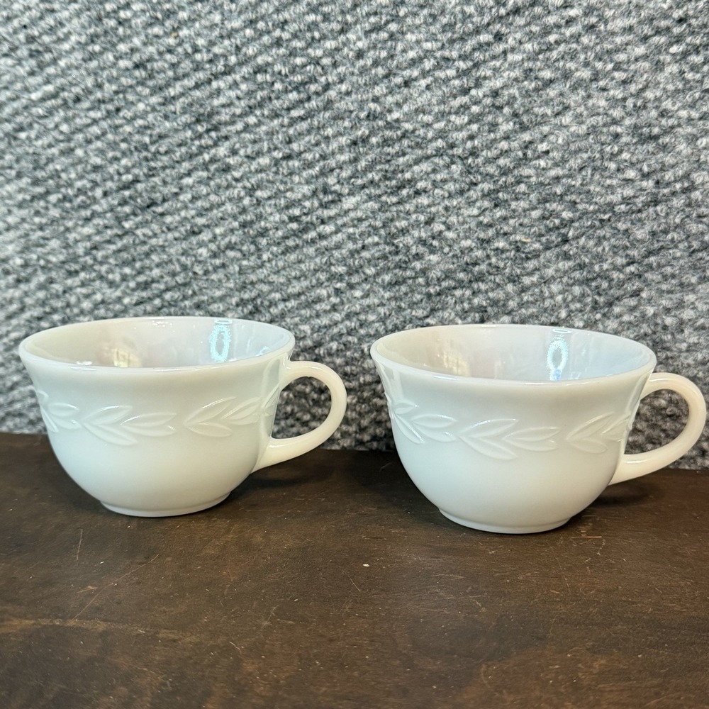 2 Fire King Gray Luster Coffee Cups Laurel Leaf Vintage